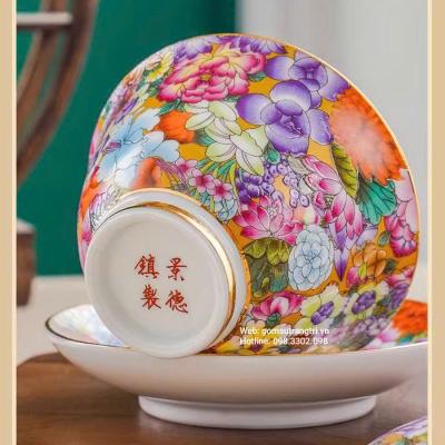 BỘ ẤM CHÉN BÁCH HOA VIỀN VÀNG CAO CẤP